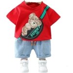 Googo Gaaga Boy's Cotton Printed T-shirt with Denim Shorts Set in Red Color
