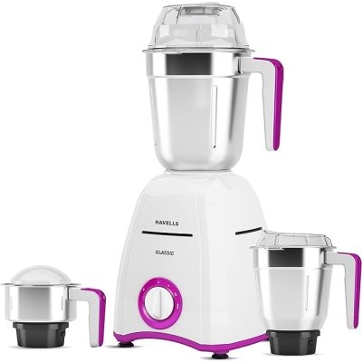 Havells Klassic 750 watts 3 Jar Mixer Grinder with 304 SS Blades, Large Size SS Jars, Break Resistant Polycarbonate Transparent Jar Lids With Twist & Lock Mechanism