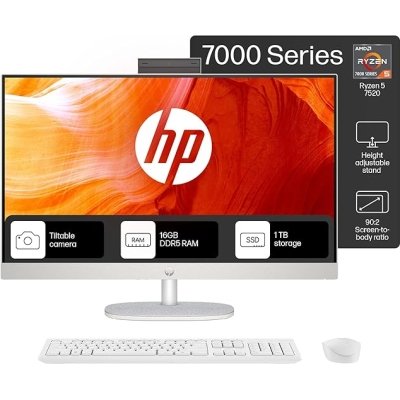 HP All-in-One PC Ryzen 5 7520U 27-inch(68.6cm) FHD IPS Display, 16GB LPDDR5, 1TB SSD, AMD Radeon Graphics, Wireless Keyboard and mouse combo, FHD Camera, (Win 11, MSO, Shell White, 6.72Kg) 27-cr0445in