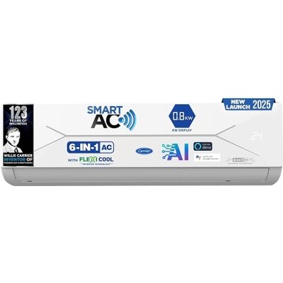 Carrier 1.5 Ton 3 Star Wi-Fi Smart Flexicool Inverter Split AC (Copper, Convertible 6-in-1 Cooling,Smart Energy Display, HD & PM 2.5 Filter, ESTER EDGE FXi (Wi-Fi), CAI18EE3R35W0,White)