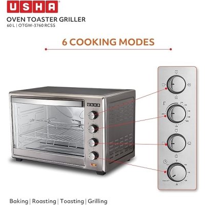 USHA Oven Toaster Griller (60L), Dual Heating Elements, Illuminated Chamber, Stay ON and Keep Warm Function, Cool-Touch Handle, Convection Heating, 2200W, 2 Years Warranty (Stainless Steel Finish)