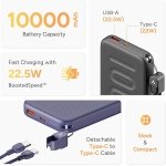 Ambrane 10000mAh Slim & Compact Powerbank with in-Build Type C Cable, 22.5W Fast Charging, USB & Type C Output, Power Delivery, Quick Charge for iPhone, Android & Tablets, Earbuds, (Stylo N10,Black)