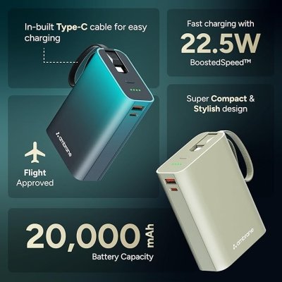 Ambrane 20000mAh Small Pocket Size Powerbank, Hanging InBuilt Type C Cable, 22.5W Fast Charging, Type C PD & USB Output for iPhone, Android Mobiles & Other Devices (MiniCharge 20, Black-Blue)