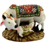 J JIYANSH CREATION Creation Dust Polyresin Decorative Marble Kamdhenu Cow and Calf Big Handcrafted Statue, 6-inch, Multicolour.