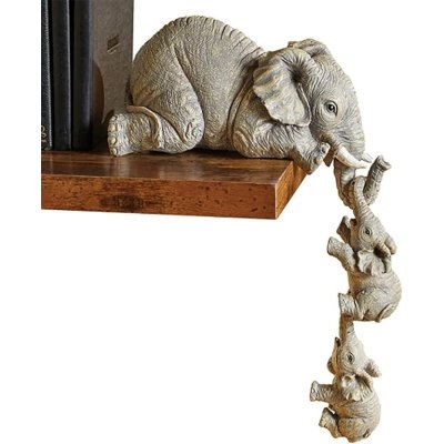 Furnisfox Premium Set of 3 Realistic Elephant Sitter Hand-Painted Figurines, Mother and Two Babies Hanging Off The Edge of A Shelf Or Table Decorative Items. Showpiece for Living Room.