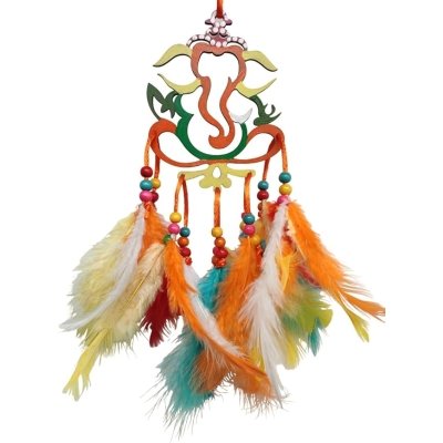 Varenyam Wooden Handpaited Ganpati Dream Catcher for Car, Ganesha Car Mirror Hanging Accessories Interior, Ganesh Dream Catcher for Car Decoration Items
