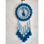 Dream Catcher - Modern Macrame Wall Hanging, Modern Style Hoop with Woolen Accents (Golden with Blue Beads), Elegant Dream Catcher for Home Décor, Unique Wall Hanger for Any Space.