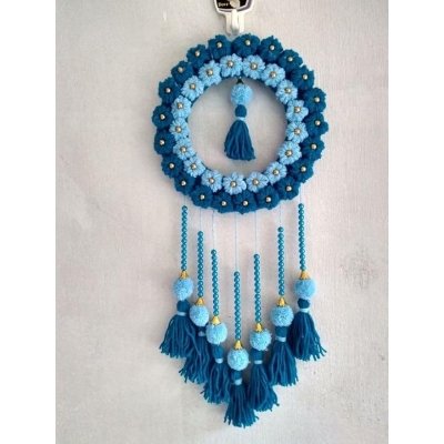 Dream Catcher - Modern Macrame Wall Hanging, Modern Style Hoop with Woolen Accents (Golden with Blue Beads), Elegant Dream Catcher for Home Décor, Unique Wall Hanger for Any Space.