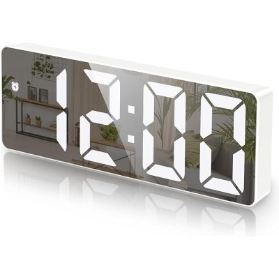 KRESHU LED Mirror Digital Alarm Clock Electronic Desktop Temperature Display with 3 Ways Adjustable Brightness 12/24H Clock 6.5 Inch Screen Snooze Timing Dimmer Power Saving Function (White, 1-Pcs)