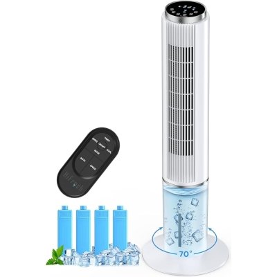 HIFRESH Air Cooler for Home, Mute Operation, 107CM Tower Cooler w/Remote & LED Display, 4 Mode & 3 Speed, 12H Timer, 26 Feet Air Delivery, 4L Water Tank, 4 Ice Packs, 70° Swing Control, 80W Low Power