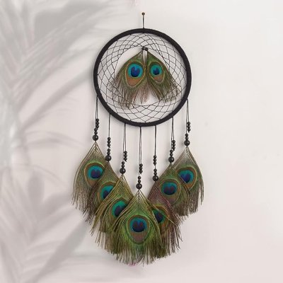 THE URBAN ARTISTIC Wooden Peacock Feather Dream Catcher for Positive Energy Decorative Showpiece Wall Hanging, Wall decor , Bedroom, Living Room Decor, Wall Vastu (18/45 cm) Black