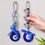 TIED RIBBONS Set of 2 Turkish OM Elephant Blue Evil Eye Feng Shui Hanging for Home Entrance Wall Door Car Dashboard Pendant Ornament Office Good Luck and Prosperity Decorative Gift Items (17.7 cm)