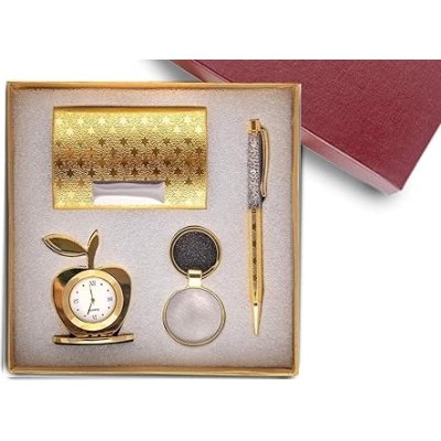 Lavanaya Silver 4 In 1 Gift Set With Table Clock, Metal Keychain, Card Holder And Crystal Pen Set For Corporate Gifting Diwali Gifting - Analog