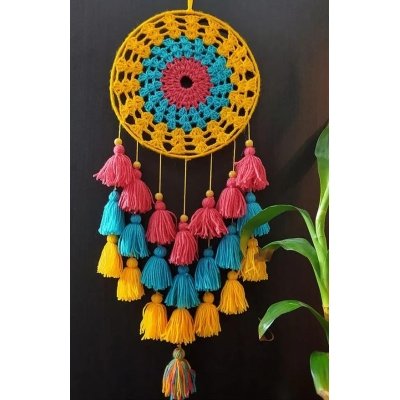 Kavya Craft Present Handcrafted Yellow-Sky Blue-Red Tasseled Crochet Dream Catcher