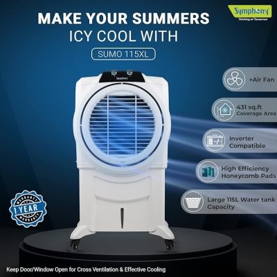 Symphony Sumo 115XL Desert Air Cooler for Home with Honeycomb Pads, Powerful +Air Fan and Cool Flow Dispenser (115L, White)