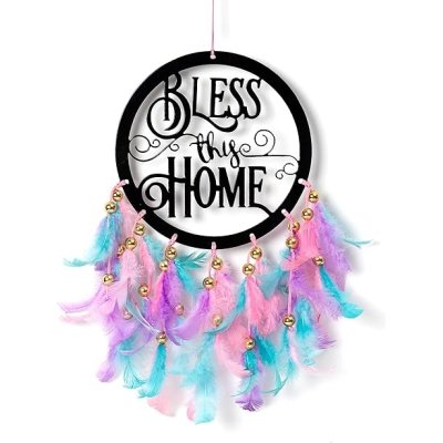 ILU Metal Dream Catcher Bless This Home, Wall Hangings, Nursery, Crafts, Home Décor, Office, Handmade For Bedroom, Balcony, Garden, Party, Café, Decoration, Wedding, Decorative, Pastel Multi Feathers