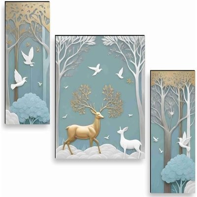 SAF deer Paintings for Wall Decoration - Set Of 3, 3d modern art Painting for Living Room Large Size with Frames for Home, Office painting 50.8 cm x 30.48 cm SANFJM36036-Engineered Wood