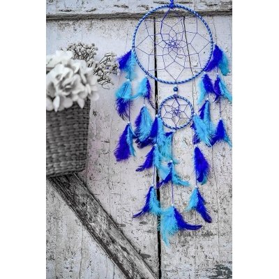 ILU® Dream Catchers Wall Hangings, Home Décor, Handmade Dreamcatcher for Bedroom, Balcony, Garden, Party, Café, Small Ring Beaded Blue & Light Blue Feathers 17cm Diameter Length 60cm