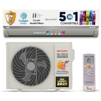 SHARP 1.5 Ton 3 Star Inverter Split AC (Copper,7 Stage Health Filters, 5in1 Convertible, Turbo Cool Technology, AntiCorrosive Gold Fin, 2025 Model, AHSI18V3BGC, White)